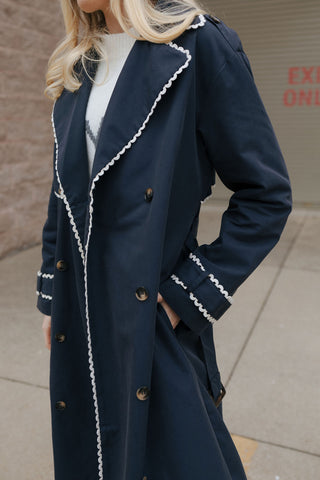 Lace Trim Trench Coat, Navy