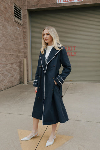 Lace Trim Trench Coat, Navy