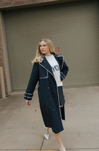 Lace Trim Trench Coat, Navy