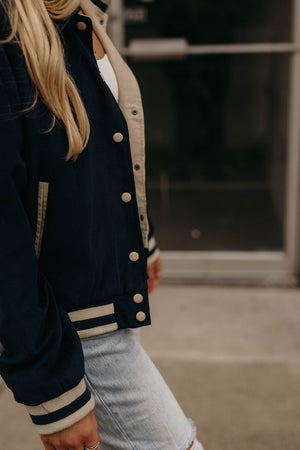 Collared Faux Letterman Jacket, Navy