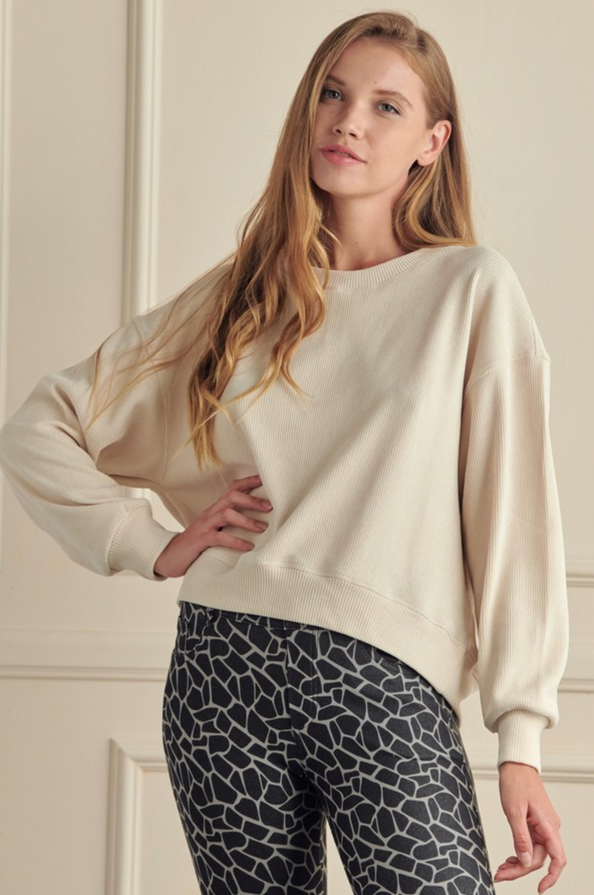 Relaxed Ribbed LS Top, Ivory