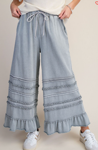 Vayda Ruffle Trim Pants, Dusty Blue - The Red Thread Boutique