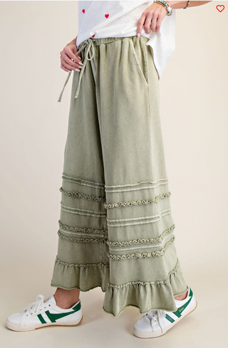 Vayda Ruffle Trim Pants, Light Olive - The Red Thread Boutique