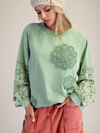 Livia Eyelet Detail Sweatshirt, Apple Green - The Red Thread Boutique