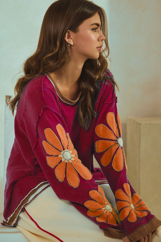 Floral Sleeve Top, Burgundy - The Red Thread Boutique