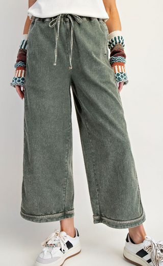 Mineral Wash Denim Pants, Olive - The Red Thread Boutique