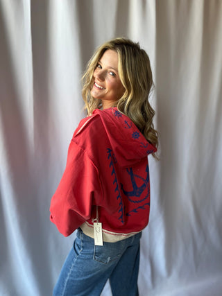 Anchor Point Quarter Zip Hoodie, Red - The Red Thread Boutique