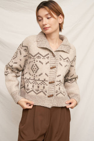 Mock Neck Fair Isle Printed Sweater Cardigan