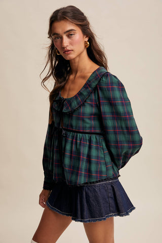 Plaid Velvet Trim Holiday Blouse