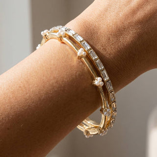 Baguette Crystal And Pearl Bangle Bracelet: G - The Red Thread Boutique