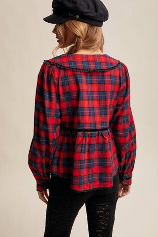 Plaid Velvet Trim Holiday Blouse, Red *final sale