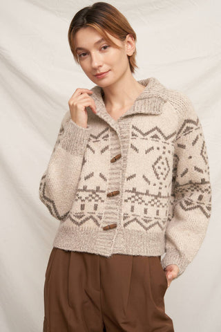 Mock Neck Fair Isle Printed Sweater Cardigan