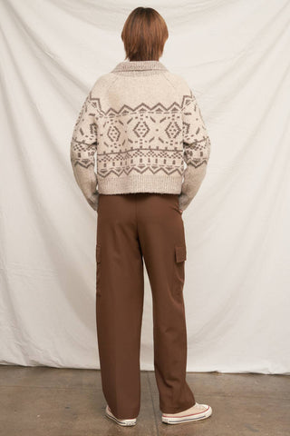 Mock Neck Fair Isle Printed Sweater Cardigan