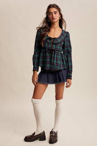 Plaid Velvet Trim Holiday Blouse
