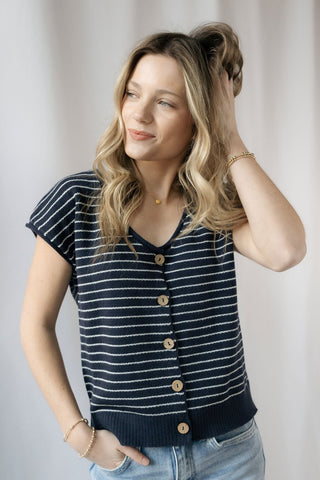 Carly Stripe Button Sweater, Navy - The Red Thread Boutique