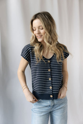 Carly Stripe Button Sweater, Navy - The Red Thread Boutique