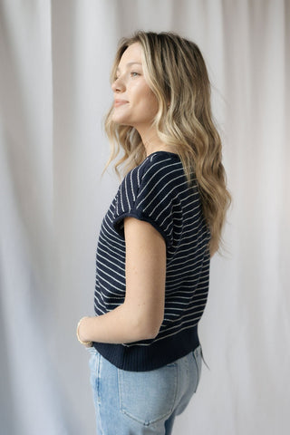 Carly Stripe Button Sweater, Navy - The Red Thread Boutique