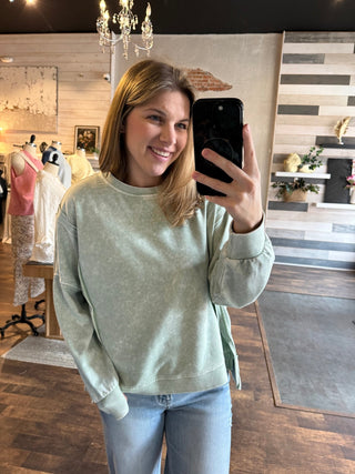 Clara Acid Wash Pullover, Mint - The Red Thread Boutique