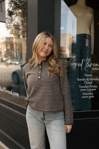 Collared Stripe Top, Brown - The Red Thread Boutique