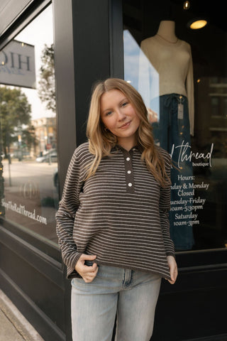 Collared Stripe Top, Brown - The Red Thread Boutique
