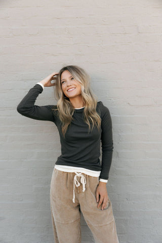 Contrast Layered Look Top, Charcoal - The Red Thread Boutique