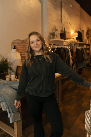 Cozy Waffle Knit Pullover, Black - The Red Thread Boutique
