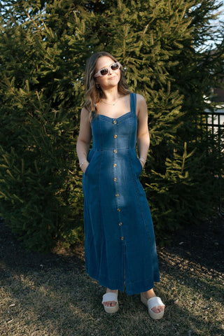 Dark Chambray Button Dress - The Red Thread Boutique