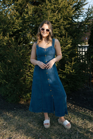 Dark Chambray Button Dress - The Red Thread Boutique