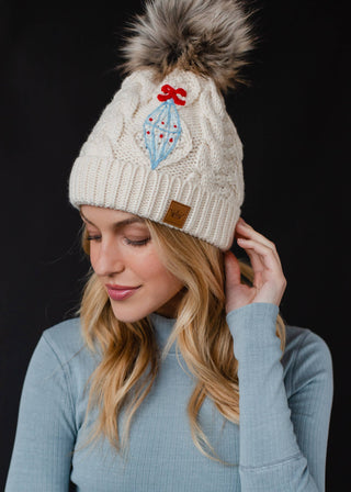 Beige Cable Knit Pom Hat w/ Embroidered Ornament