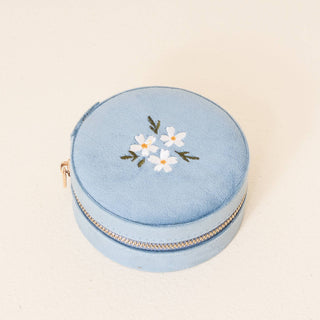 Round Velvet Jewelry Case-Floral Misty Blue