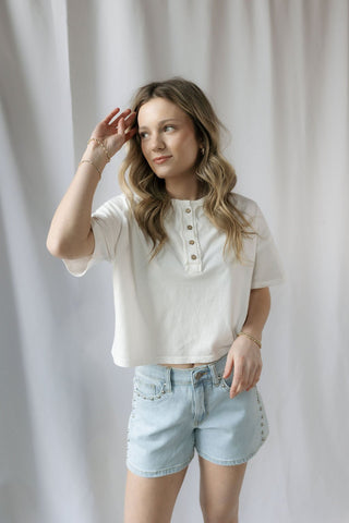 Delia Henley Crop Tee, White - The Red Thread Boutique