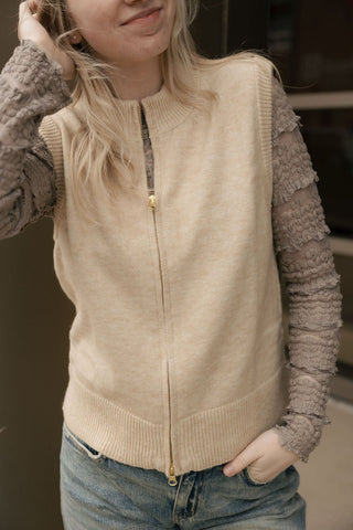 Double Zip Sleeveless Sweater, Tan - The Red Thread Boutique