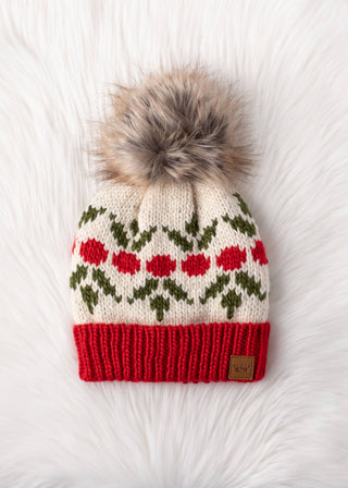 Ivory & Red Cherry Patterned Pom Hat