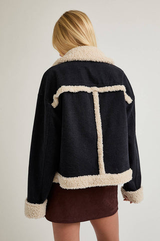 Fur Contrast Jacket, Black Denim