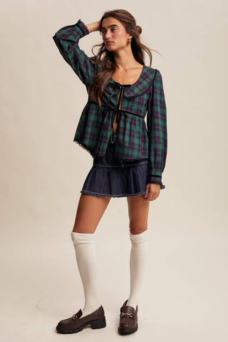 Plaid Velvet Trim Holiday Blouse
