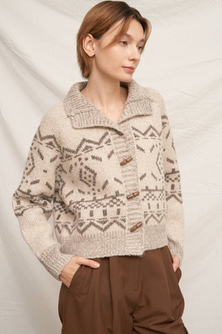 Mock Neck Fair Isle Printed Sweater Cardigan
