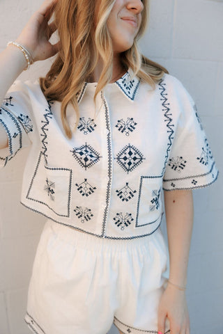Embroidered Crop Button Shirt Set *final sale - The Red Thread Boutique