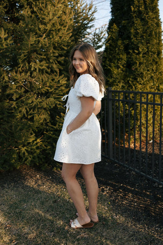 Eyelet Denim Dress, White *final sale - The Red Thread Boutique