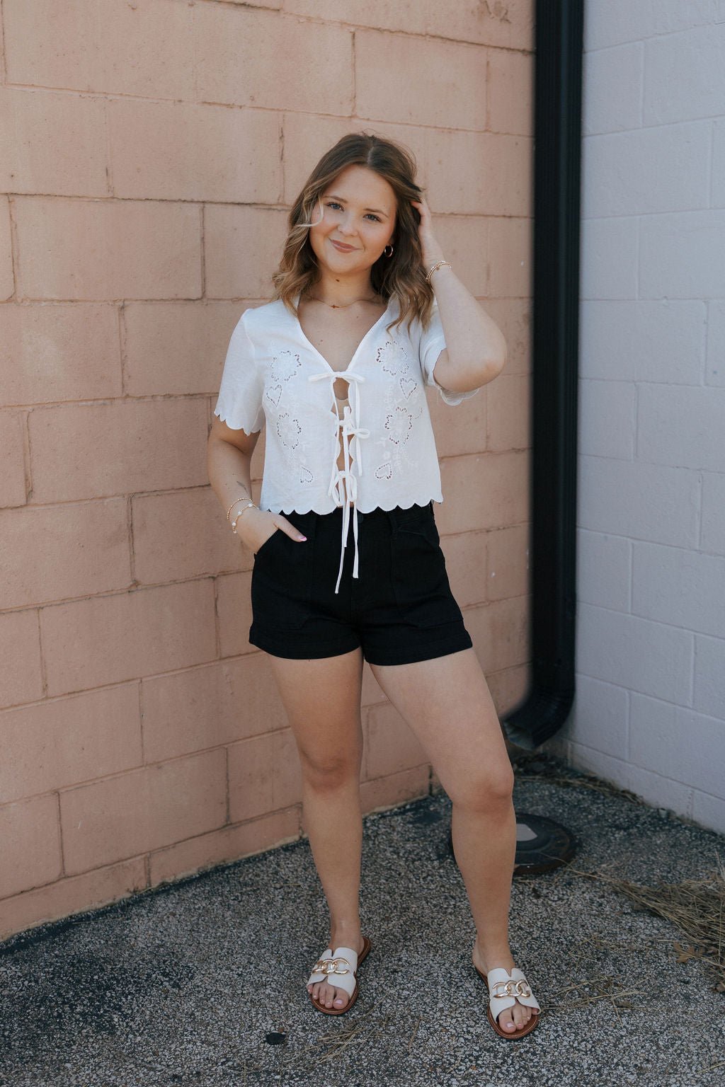 Eyelet Tie Front Top, White *final sale – The Red Thread Boutique