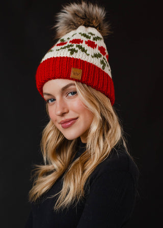 Ivory & Red Cherry Patterned Pom Hat