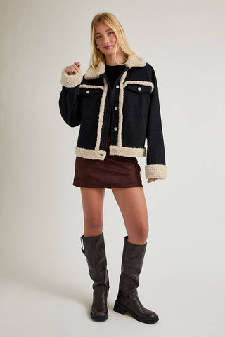 Fur Contrast Jacket, Black Denim