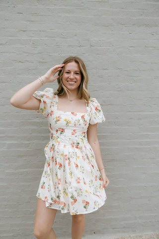 Floral Square Neck Dress, Cream *final sale - The Red Thread Boutique