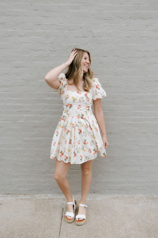 Floral Square Neck Dress, Cream *final sale - The Red Thread Boutique