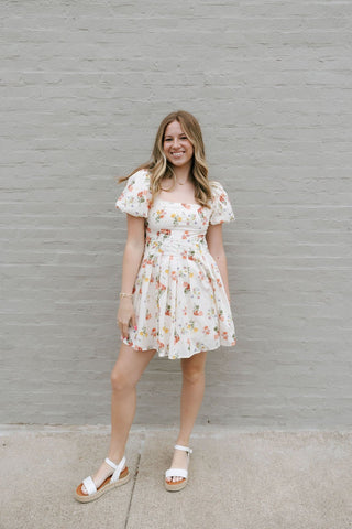 Floral Square Neck Dress, Cream *final sale - The Red Thread Boutique
