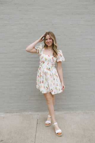 Floral Square Neck Dress, Cream *final sale - The Red Thread Boutique