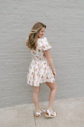 Floral Square Neck Dress, Cream *final sale - The Red Thread Boutique
