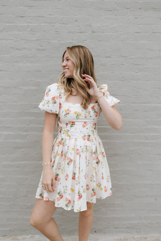 Floral Square Neck Dress, Cream *final sale - The Red Thread Boutique