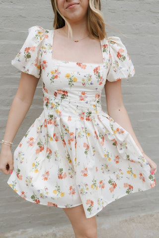 Floral Square Neck Dress, Cream *final sale - The Red Thread Boutique