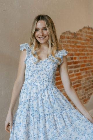 Floral V Neck Midi Dress, Blue - The Red Thread Boutique