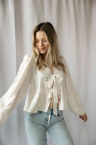 Freya Eyelet Tie Top, White - The Red Thread Boutique